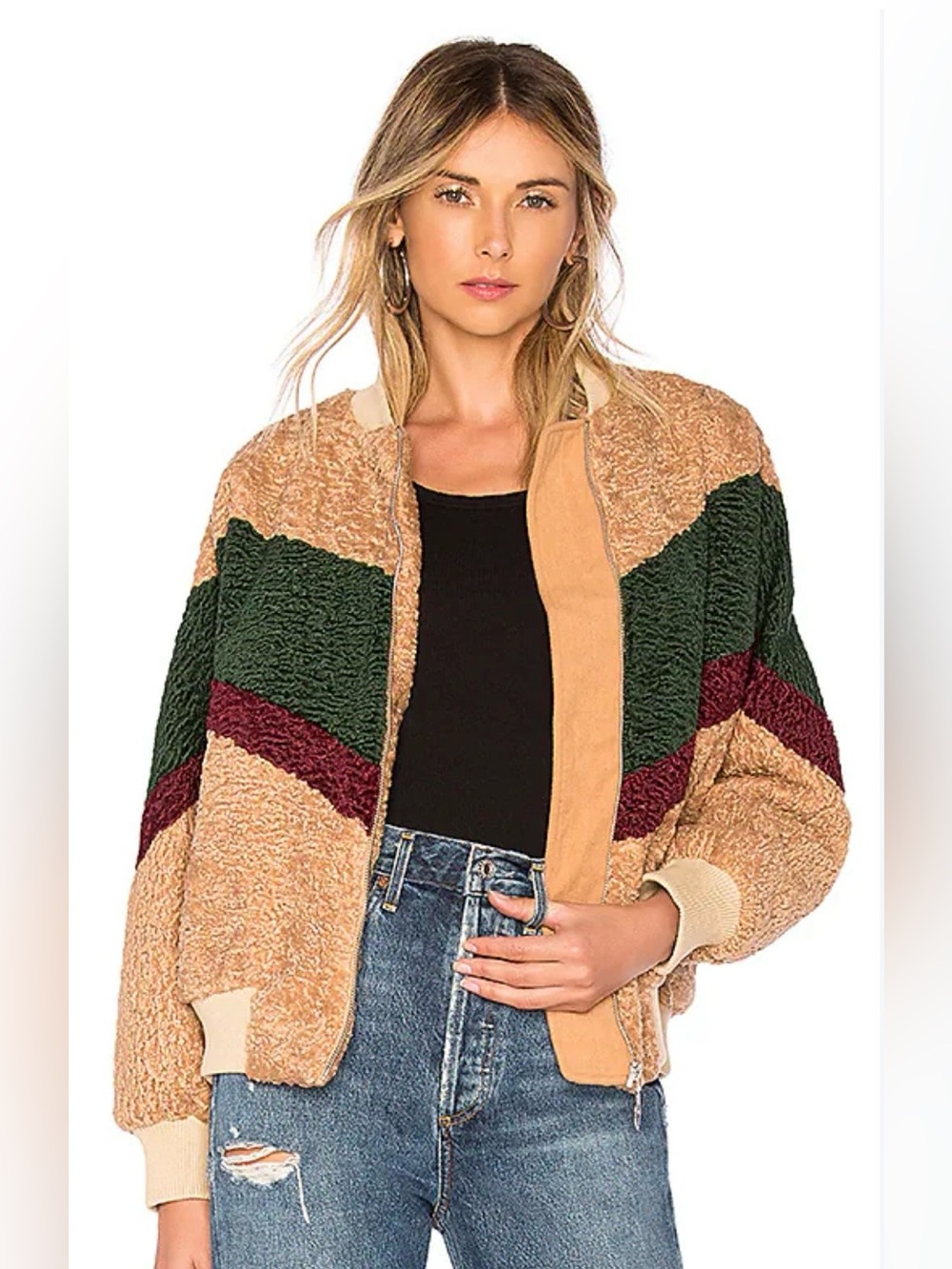 J.O.A Teddy Bear Bomber Jacket Pockets Tan Coastal Cowgirl Western Boho L